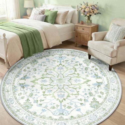Washable Area Rug (Green/White/Blue / 6' (Round))