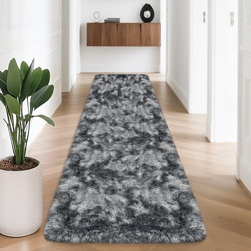 Tie Dyed Dark Grey 2x8 Machine Washable Runner Rugs for Hallway Soft Fluffy Shaggy Bedside Rugs for Bedroom Living Room Indoor Floor Carpet for Kids Girls and Boys Nursery Rooms Home Decor Aesthetic (Tie-dyed Dark Grey / 2' x 8' (Runner))
