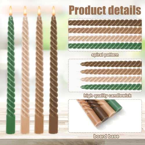 8 Pcs 10 Inch Woodland Spiral Taper Candles Green Brown Dripless Twisted Wax Candles Long Unscented Candle Sticks for Home Forest Party Table Decor Supplies (Forest Party)