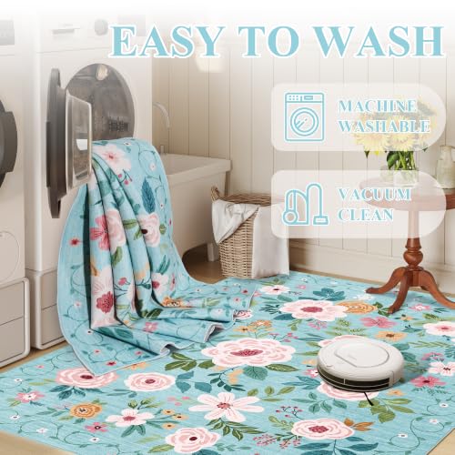 4x6 Area Rug Floral Washable Rug Non Slip Office Chair Mat (Teal / 4' x 6' (Rectangular))