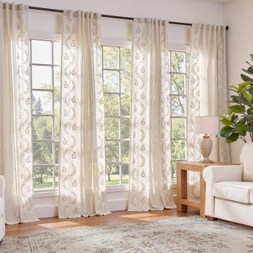 Floral Linen Curtains 84 Inch Farmhouse Back Tab 2 Panels (Beige / 50"W x 84"L (Pack of 2))