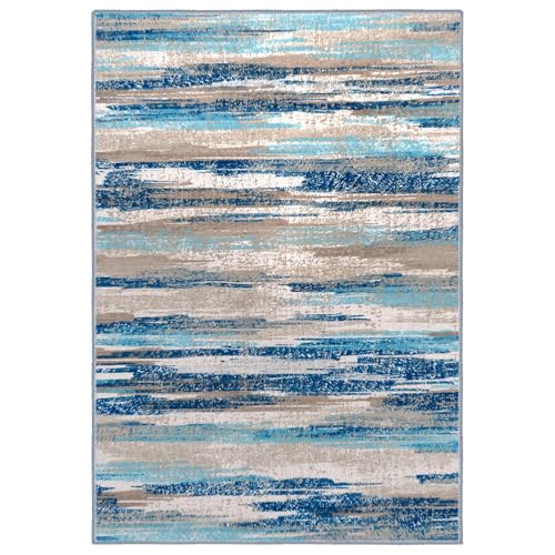 Washable Abstract 9x12 Area Rug for Living Room Non Slip Bedroom Rug (Blue Aqua/Beige Taupe Multi / 9' x 12' (Rectangular))