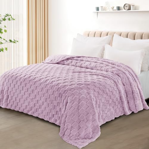 3D Checkered Fleece Queen Blanket for Bed (Light Purple / Queen (90"x90"))