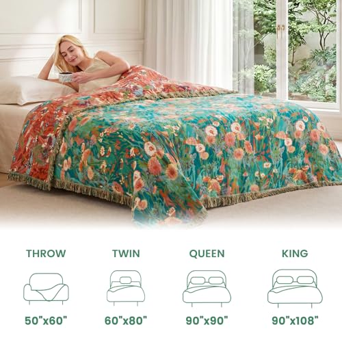 Boho Throw Blanket 60"x80" 100% Cotton Floral Blanket for Couch Sofa (Flowers Green / 60"x80")