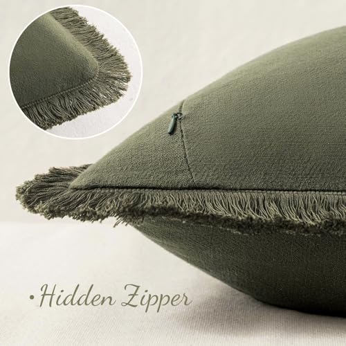 Boho Linen Fringe Decorative Throw Pillow Covers Olive Green 18x18 (18" x 18" (Pack of 2) / Olive Green)