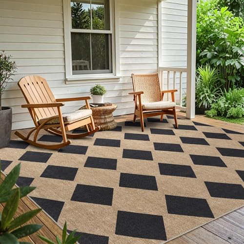 Checkered Easy Jute Rug 8x10 Outdoor Rug Washable Area Rugs for Living Room (8'*10'(Rectangular) / Black/Checkered)