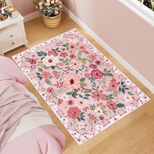 3x5 Area Rug Floral Washable Rug for Bedroom Non Slip (Pink / 3' x 5' (Rectangular))