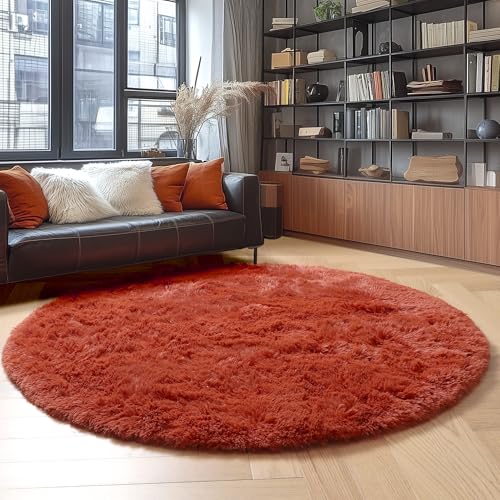 Terracotta Large Furry Round Rug 6Ft for Living Room Kids Bedroom (Terracotta / 6' (Round))
