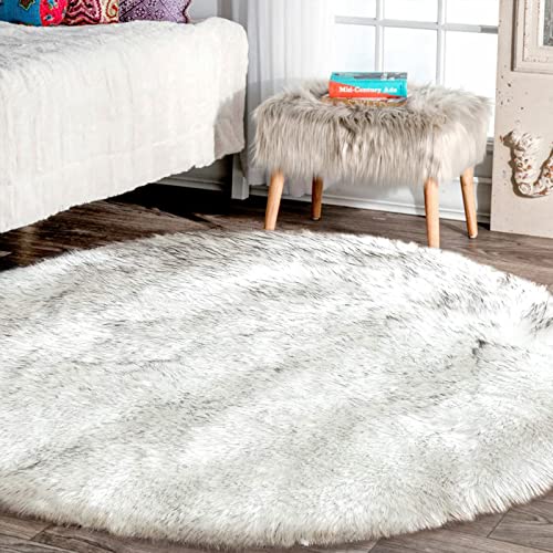 Large Circle Area Rugs for Living Room Round Rug 8ft Fluffy Bedroom White with Grey Tips Shaggy Rug Washable Shag Faux Fur Fuzzy Rug for Living Room (8' (Round) / White With Grey Tips)