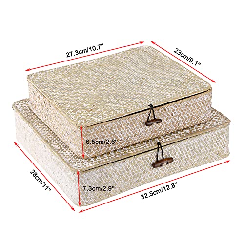 Set of 2 Flat Woven Wicker Basket Bins with Lid Natural Seagrass Box (Small+Large / Whitewash)