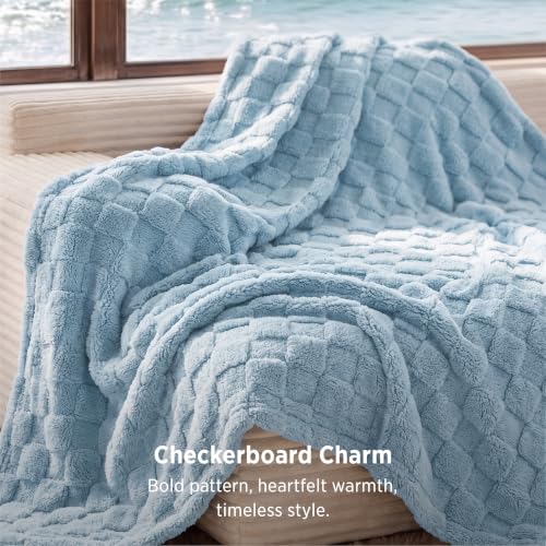Checkered Fleece Throw Blankets for Bed (Light Blue / Throw XL (50" X 70"))