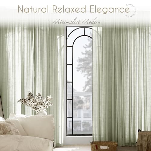 Linen Blend Sage Green Curtains 90 inch Length 2 Panels for Bedroom Back Tab Light Filtering Semi Sheer Drapes Linen Cotton Textured Light Green Airy Modern Farmhouse Living Room Sage Aesthetic Decor (Sage Green / 52"W x 90"L (Pack of 2))