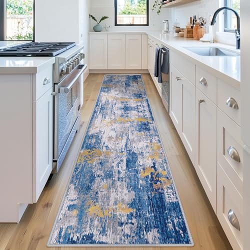 Washable Runner 2'x8' Abstract Area Rug for Hallway Blue Gold (Blue/Gold / 2' x 8' (Runner))