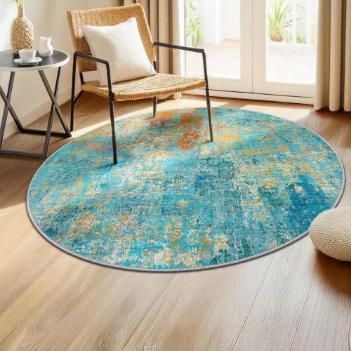 Washable Round 4ft Area Rug for Living Room Teal Multi (Teal Blue/Green/Orange / 4' (Round))