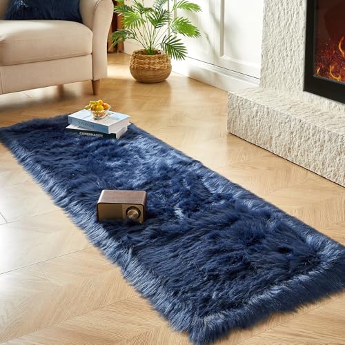 Faux Fur Rug Dark Blue Ultra Soft Fluffy Shag Sheepskin Rug (2' x 6' (Rectangular) / Dark Blue)