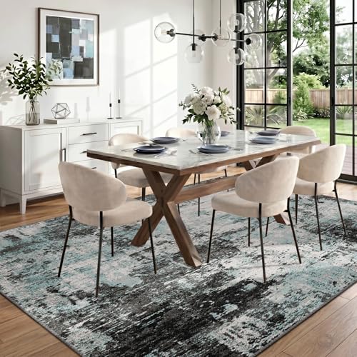 Washable 6'x9' Abstract Area Rug for Living Room Teal Black (Black/Teal Blue / 6' x 9' (Rectangular))