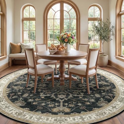 Washable Area Rug (Black/Vintage/Beige / 8' (Round))