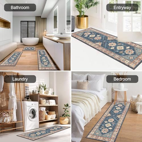 HEBE Boho Kitchen Rugs Set of 3 (Blue/Coffee / 20"x32"+20"x48"+20"x59")