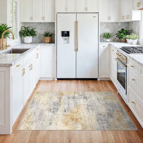 3x4 Area Rug Washable Abstract (Grey/Yellow / 3' x 4')