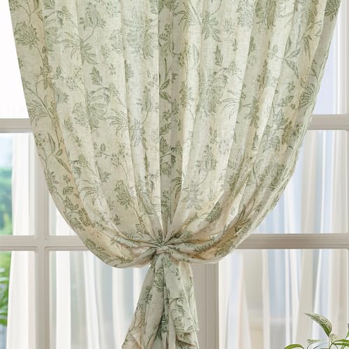 Green Floral Linen Curtains 63 Inch Vintage Back Tab 2 Panels (*Jacobean Sage Green on Beige / 50"W x 63"L (Pack of 2))