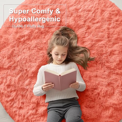 Coral Red Round Rugs for Bedroom (5 Ft Round / Coral Red)