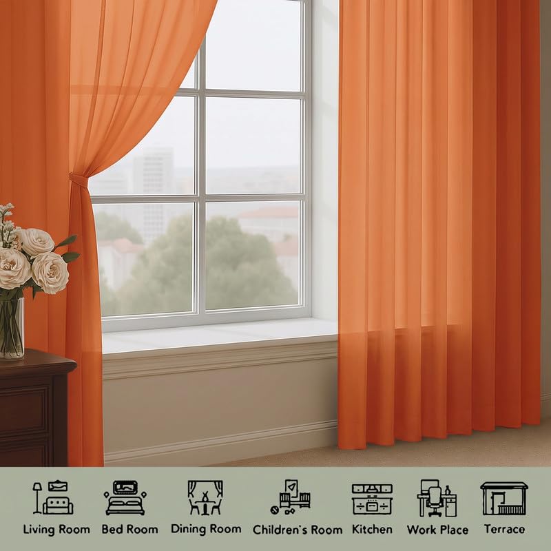 Orange Sheer Curtains 84 Inch Long 2 Panels for Living Room 59" Wide (Orange / 59"W x 84"L (Pack of 2))