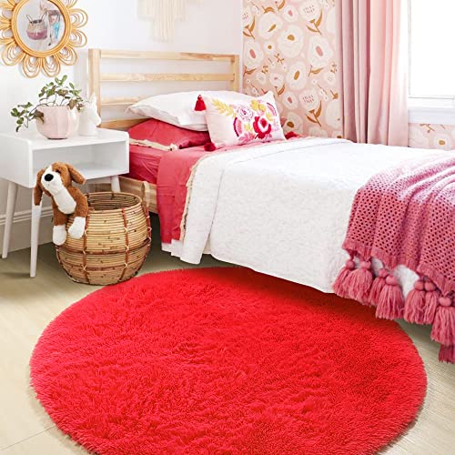 Red Fluffy Round Rug Circle Area Rugs 4ft for Kids Girls Boys Teen Bedroom (Red / 4' (Round))
