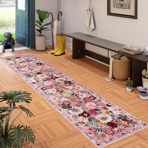 Pink Garden Floral Hallway Runner Rug 2x10 for Kitchen Bathroom (Pink / 2' x 10' (Rectangular))
