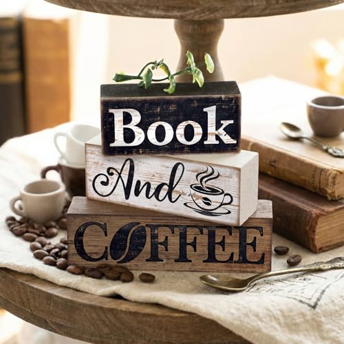 4 Pcs Farmhouse Table Decor Rustic Wooden Book and Coffee Signs (Coffee)