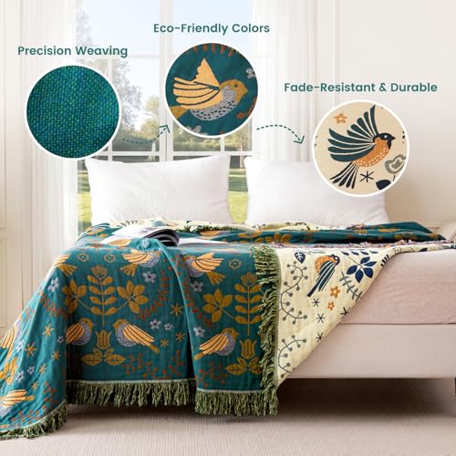 Boho Throw Blanket 60"x80" 100% Cotton Bird Quilt for Bed & Couch (A-teal Blue Bird / 60"x80")
