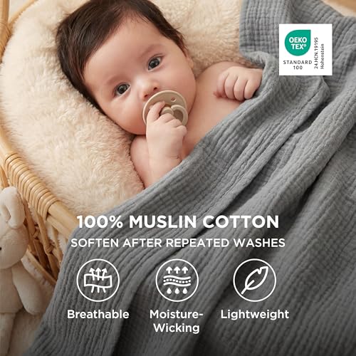 100% Cotton Muslin Blanket Twin XL for Bed (02 - Grey / Twin XL (66" X 90"))