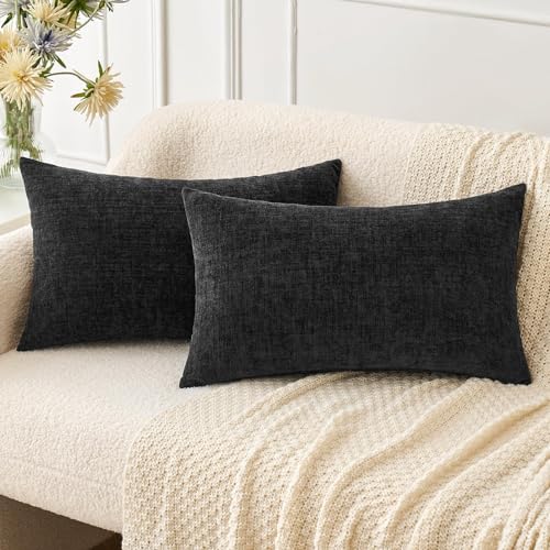 Soft Chenille Lumbar Throw Pillow Covers Black 12x20 Inch Pack of 2 (20" x 12" (Pack of 2) / Black)