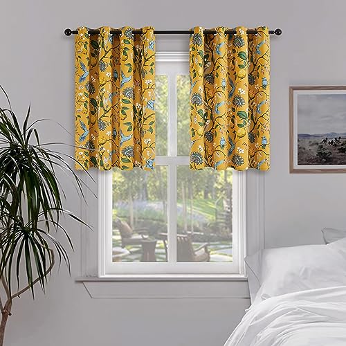 Mustard Yellow Kitchen Tier Curtains 36 Inches Long Dark Yellow Botanical Floral Hummingbird Grommet Room Darkening Half Window Drapes (Mustard Yellow / 52"W x 36"L (Pack of 2))