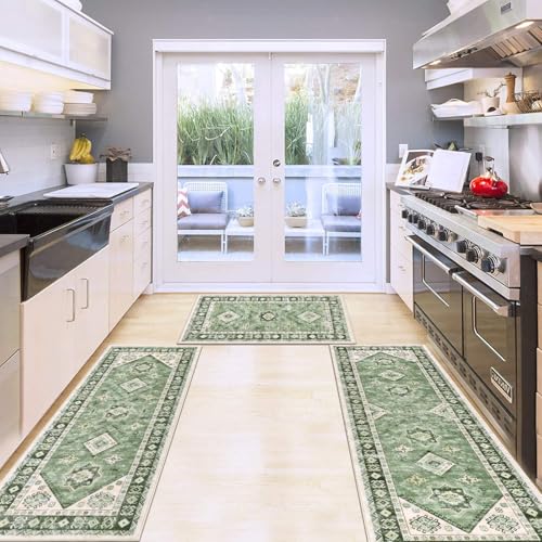 HEBE Boho Kitchen Rugs Set of 3 (Green / 20"x32"+20"x48"+20"x59")
