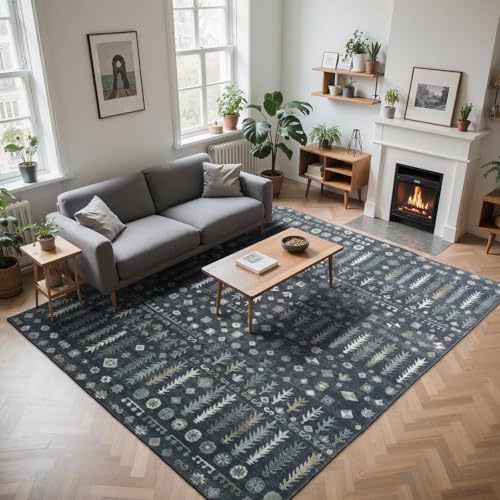 8x10 Retro Washable Area Rugs for Living Room (8' x 10' (Rectangular) / Black-white-blue-brownness)