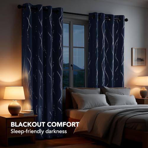 Living Room Curtains 84 Inches Long (Navy Blue/Wave Dots / 52"W x 84"L (Pack of 2))
