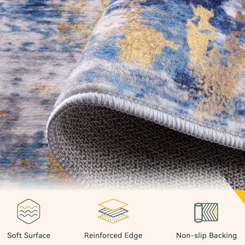 Washable 2'x3' Abstract Area Rug for Living Room Blue Gold (Blue/Gold / 2' x 3' (Rectangular))