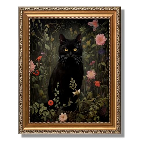 Gold Framed Moody Floral Black Cat Wall Art (Black cat / 16"L x 12"W)