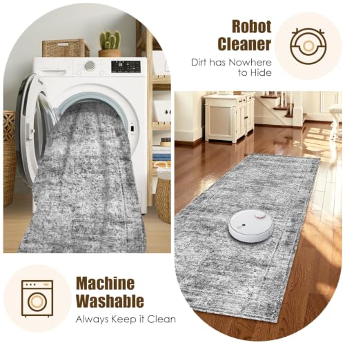 Washable Area Rug 2'6'' x 8' Vintage Traditional Persian Mat (Graphite and Mist / 2'6" x 8' (Rectangular))
