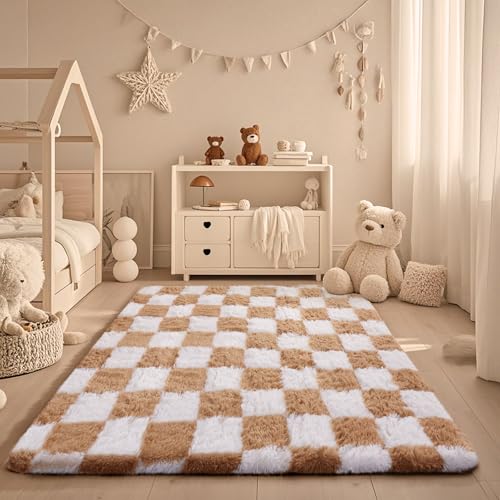 Checkered Beige & White Rug for Living Room Bedroom (Checkered Beige & White / 4' x 6' (Rectangular))