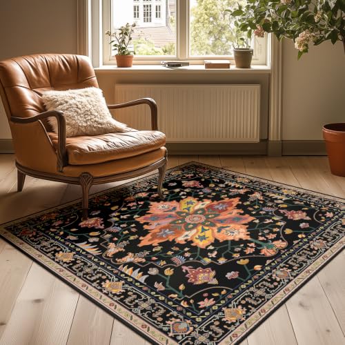 Washable Area Rug (Black/Colorful / 4' x 4' (Square))