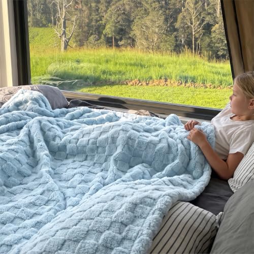 Checkered Soft Cozy Queen Blanket for Bed (Light Blue / Queen (90" X 90"))