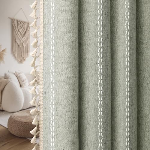 Sage Green Boho Blackout Curtains 72 Inch 2 Panels with Tassels (Sage Green / 52"W x 72"L (Pack of 2))