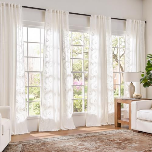 Floral Linen Curtains 96 Inch Farmhouse Back Tab 2 Panels (Off White / 50"W x 96"L (Pack of 2))