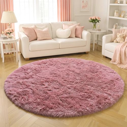 Blush Pink Large Round Shag Rug 6Ft for Girls Kids Bedroom Nursery (Blush Pink / 6' (Round))