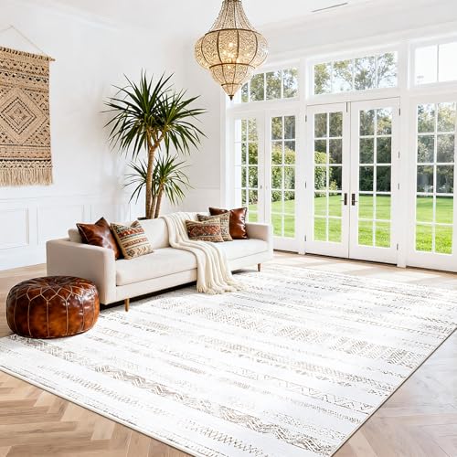 8x10 Washable Area Rugs for Living Room (8' x 10' (Rectangular) / Moroccan-light Brown-white)