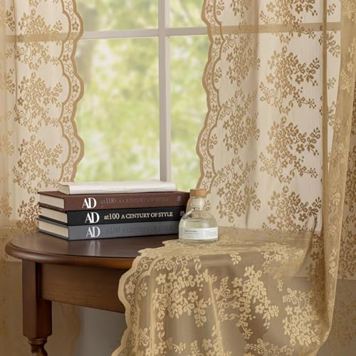 Vintage Lace Curtains 2 Panels Farmhouse Short Tan Sheer Curtains for Kitchen Bathroom Rustic Scalloped Half Drapes 45 inch Length Light Filtering W52 X L45 (Taupe / 52"W x 45"L (Pack of 2))