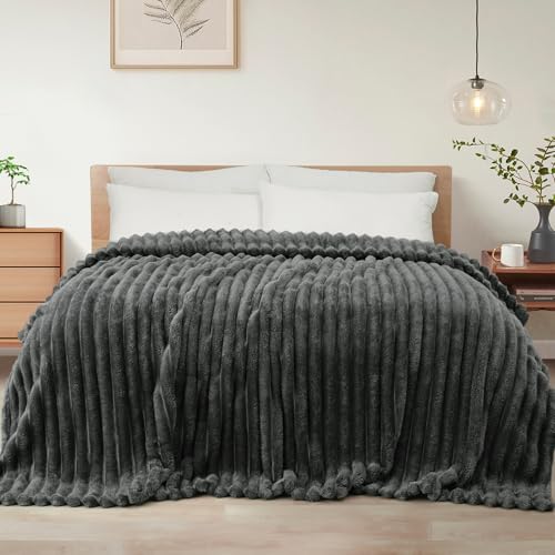 Striped King Size Fleece Blanket for Bed (Dark Grey / King ( 90x104 IN ))
