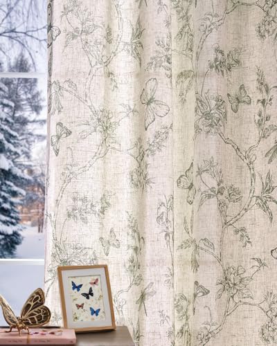 Floral Linen Curtains for Living Room 63 Inch Length Butterfly Sage Green Floral Curtains French Country Farmhouse Flower Patterned Drapes Window Treatments Set 2 Panels (Flower Sage Green / 50"W x 63"L (Pack of 2))