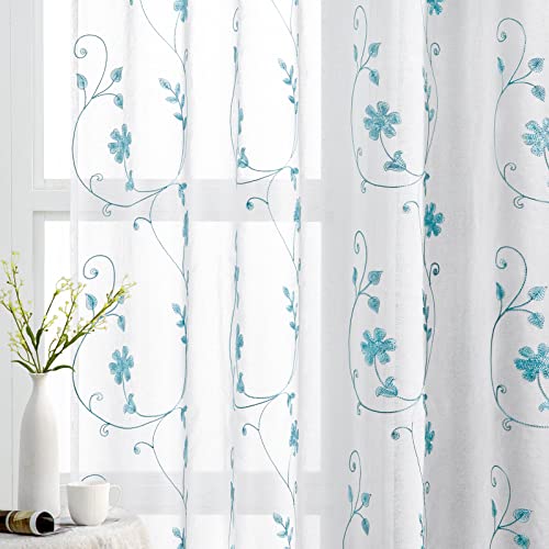 White and Blue Embroidered Floral Sheer Curtains 96 Inches Long 2 Panels Flower Pattern Semi Sheer Window Curtains for Bedroom Living Room (52"W x 96"L (Pack of 2) / White & Blue)